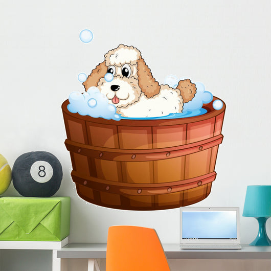 A brown bathtub with a dog taking a bath Wall Decal