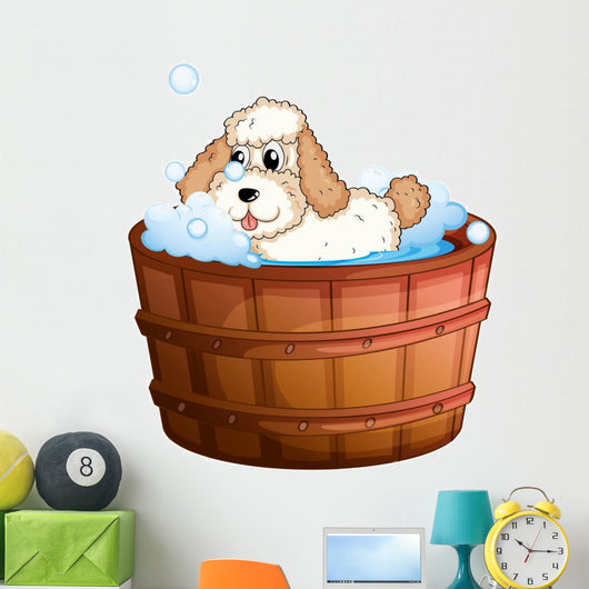 A brown bathtub with a dog taking a bath Wall Decal
