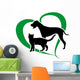 vector cat and dog on a green heart Wall Decal