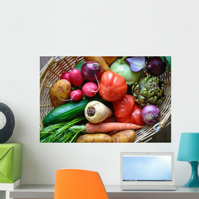 Colorful Vegetable Basket shown on a wall