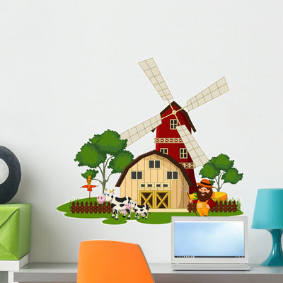 Farmer and Cow Farm Wall Decal shown on a wall