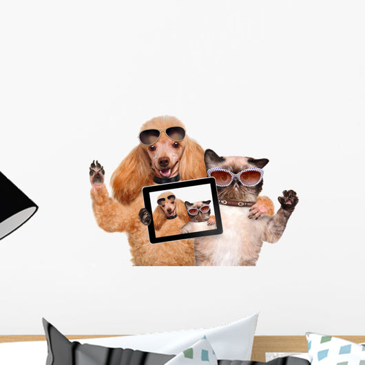 Cool Dog with Cat Taking a Selfie with Sunglasses Wall Decal