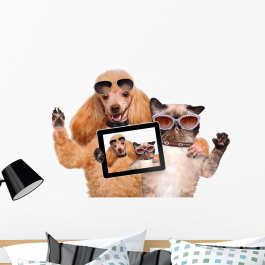 Cool Dog with Cat Taking a Selfie with Sunglasses Wall Decal