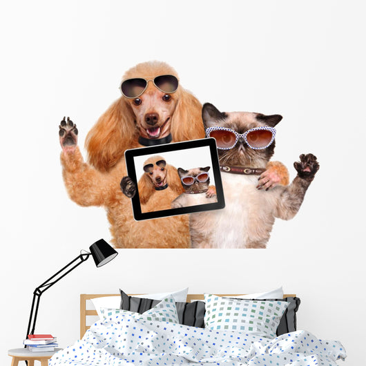 Cool Dog with Cat Taking a Selfie with Sunglasses Wall Decal