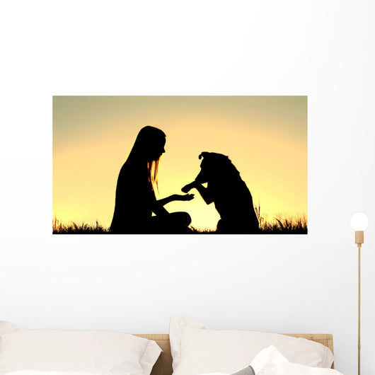 Woman and Her Dog Shaking Hands Silhouette Wall Mural