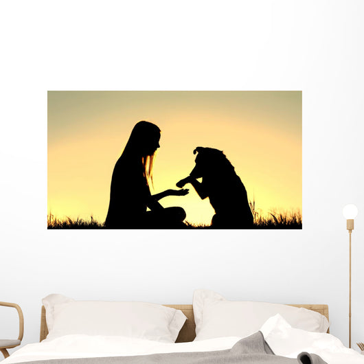 Woman and Her Dog Shaking Hands Silhouette Wall Mural