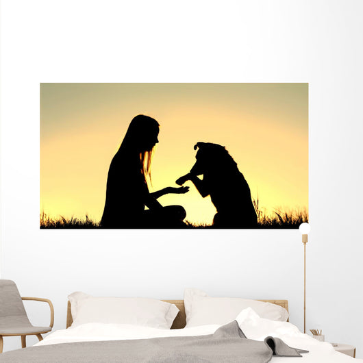 Woman and Her Dog Shaking Hands Silhouette Wall Mural