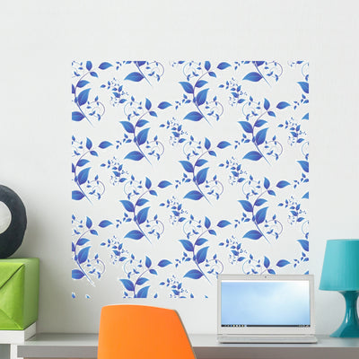 Blue Leaves Seamless Pattern Wall Decal shown on a wall
