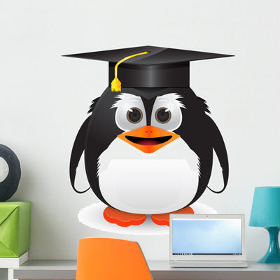Penguin with Graduation Cap Wall Decal shown on a wall