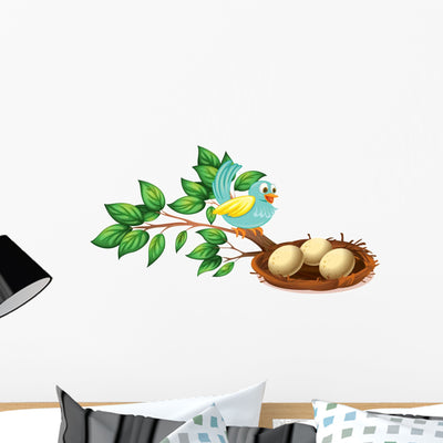 Blue Bird Watching Eggs Wall Decal shown on a wall