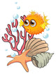 An Orange Puffer Fish near the Seashells Wall Decal