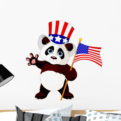 Panda Holding American Flag Wall Decal shown on a wall