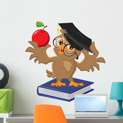 Owl Holding Apple Wall Decal shown on a wall