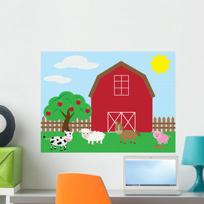 Cute Barnyard Wall Mural shown on a wall