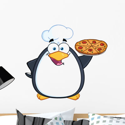 Chef Penguin Holding Pizza Wall Decal shown on a wall