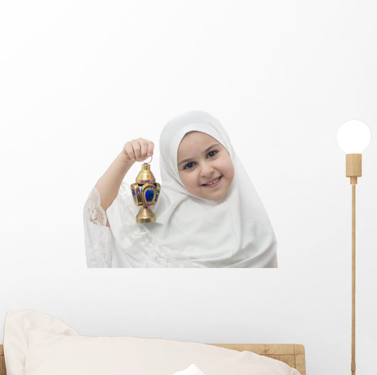 Young Girl in White Hejab with Ramadan Lantern Wall Decal