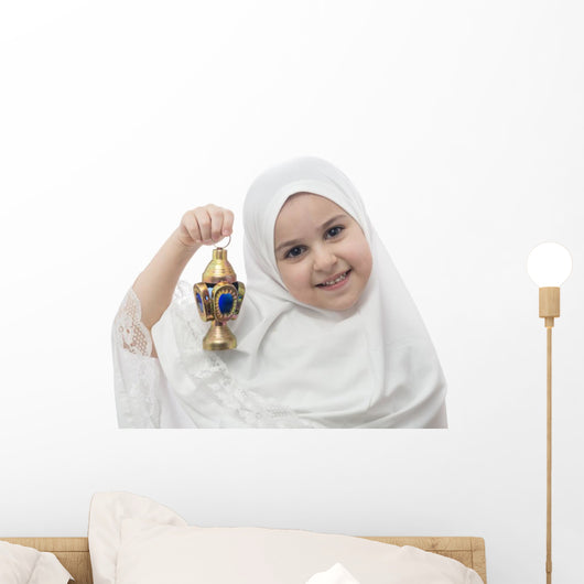 Young Girl in White Hejab with Ramadan Lantern Wall Decal
