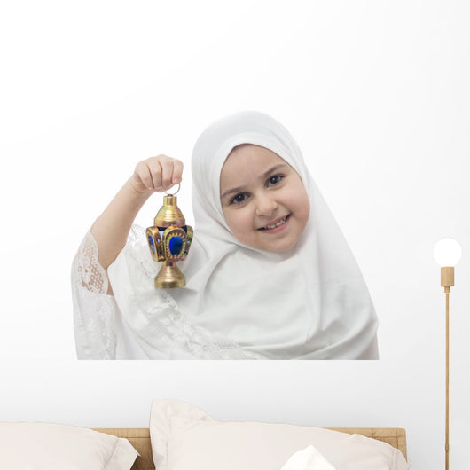 Young Girl in White Hejab with Ramadan Lantern Wall Decal