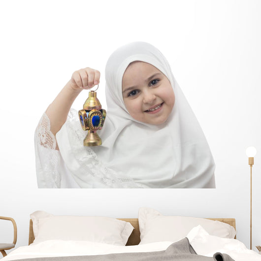 Young Girl in White Hejab with Ramadan Lantern Wall Decal