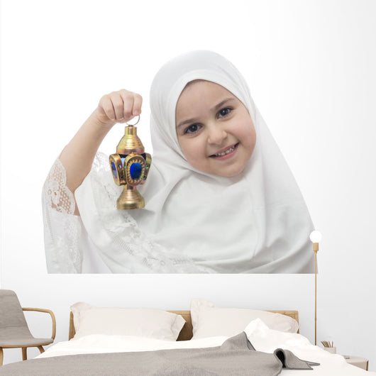 Young Girl in White Hejab with Ramadan Lantern Wall Decal