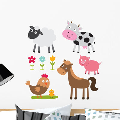 Flat Farm Animals Wall Decal Sticker Set shown on a wall