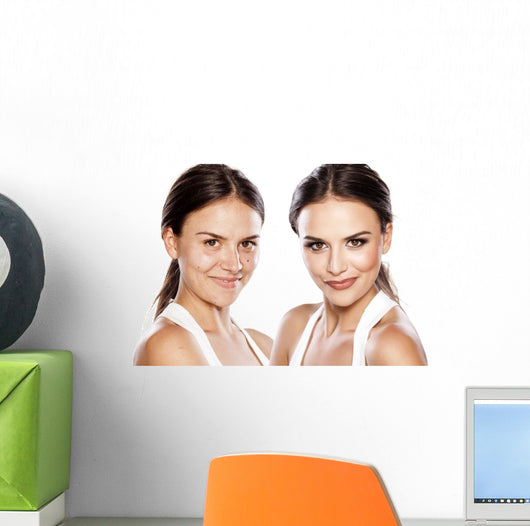 comparison portrait of a girl with and without makeup Wall Mural