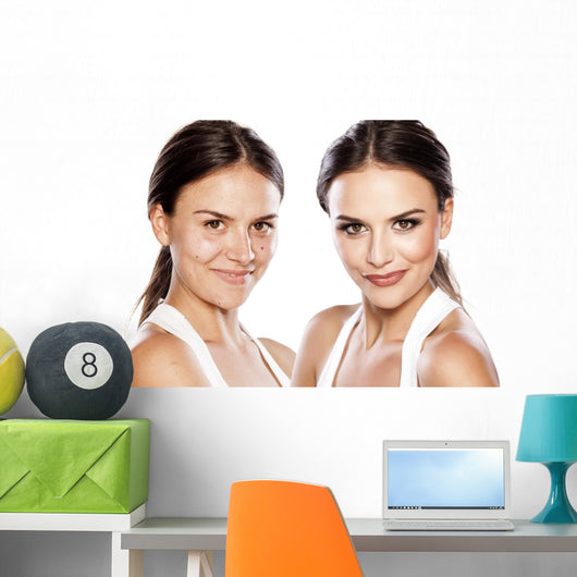comparison portrait of a girl with and without makeup Wall Mural