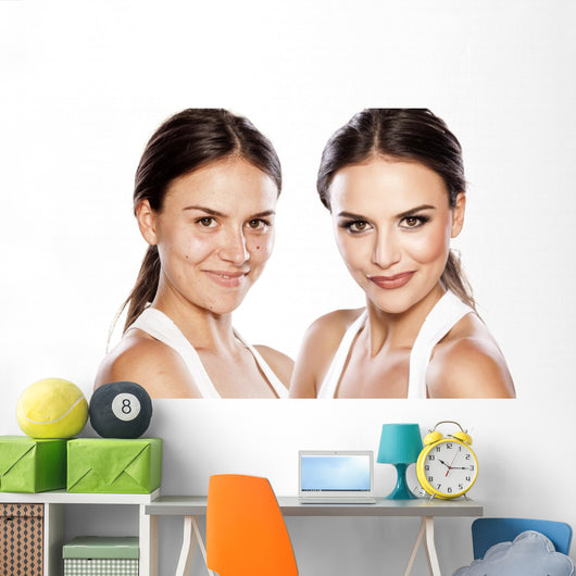 comparison portrait of a girl with and without makeup Wall Mural