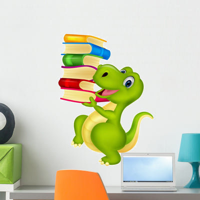 Cute Dinosaur with Book Wall Decal shown on a wall