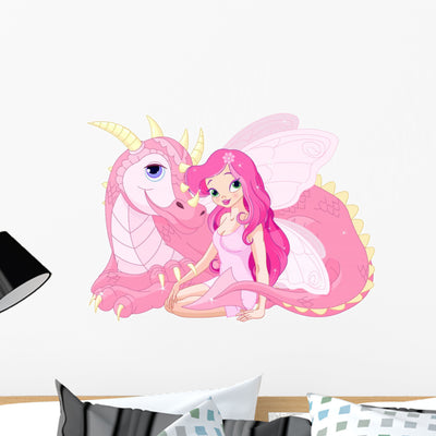 Pink Magic Fairy Dragon Wall Decal shown on a wall