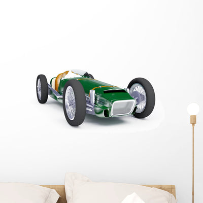 Green Vintage Racing Car Wall Decal shown on a wall