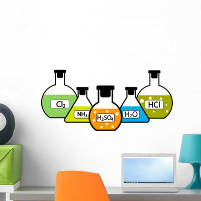 Laboratory Flasks with Chemicals shown on a wall