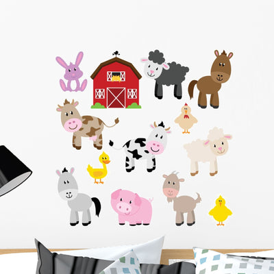 Cute Cartoon Farm Animals Wall Decal Sticker Set shown on a wall
