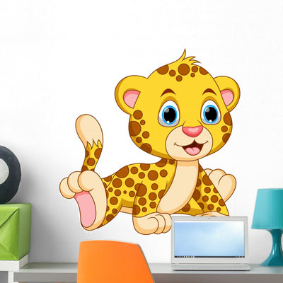 Cute Baby Cheetah Cartoon Wall Decal shown on a wall