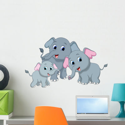 Cute Elephant Family Cartoon Wall Decal shown on a wall