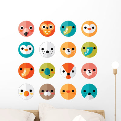 Cute Animal Smiley Faces Wall Stickers Wall Decal shown on a wall