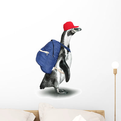 Funny Penguin with Backpack shown on a wall