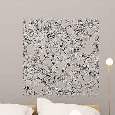 Seamless Monochrome Floral Wall Decal shown on a wall