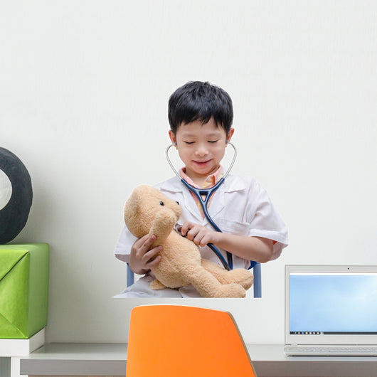 Young Asian doctor boy playing and curing bear toy isolated on w Wall Decal