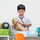 Young Asian doctor boy playing and curing bear toy isolated on w Wall Decal