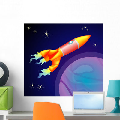 Rocket Space Ship Wall Mural shown on a wall