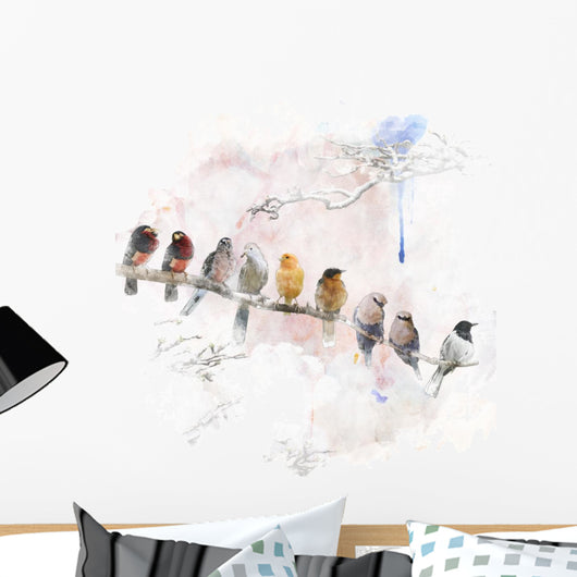 Watercolor Image Perching Birds Wall Decal