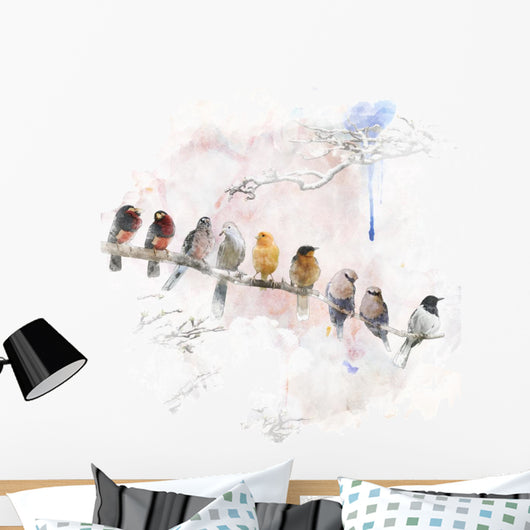 Watercolor Image Perching Birds Wall Decal