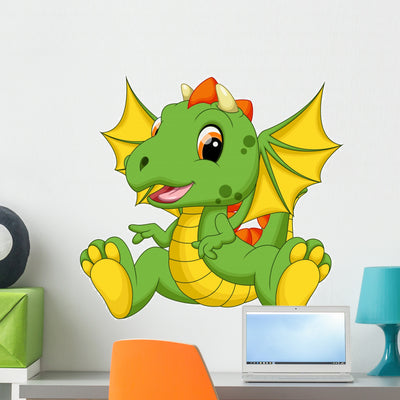 Cute Baby Dragon Cartoon Wall Decal shown on a wall