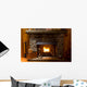 close-up of stone fireplace in log cabin with blazing fire Wall Mural