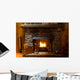close-up of stone fireplace in log cabin with blazing fire Wall Mural