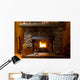 close-up of stone fireplace in log cabin with blazing fire Wall Mural
