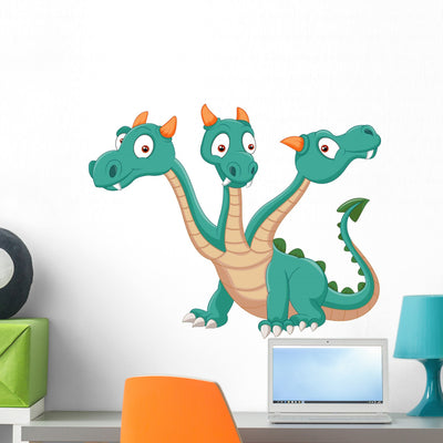 Cute Three Headed Dragon Wall Decal shown on a wall