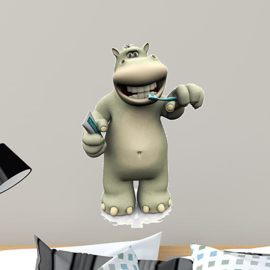 Cartoon Hippo Brushing His Wall Decal