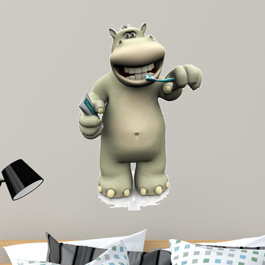Cartoon Hippo Brushing His Wall Decal